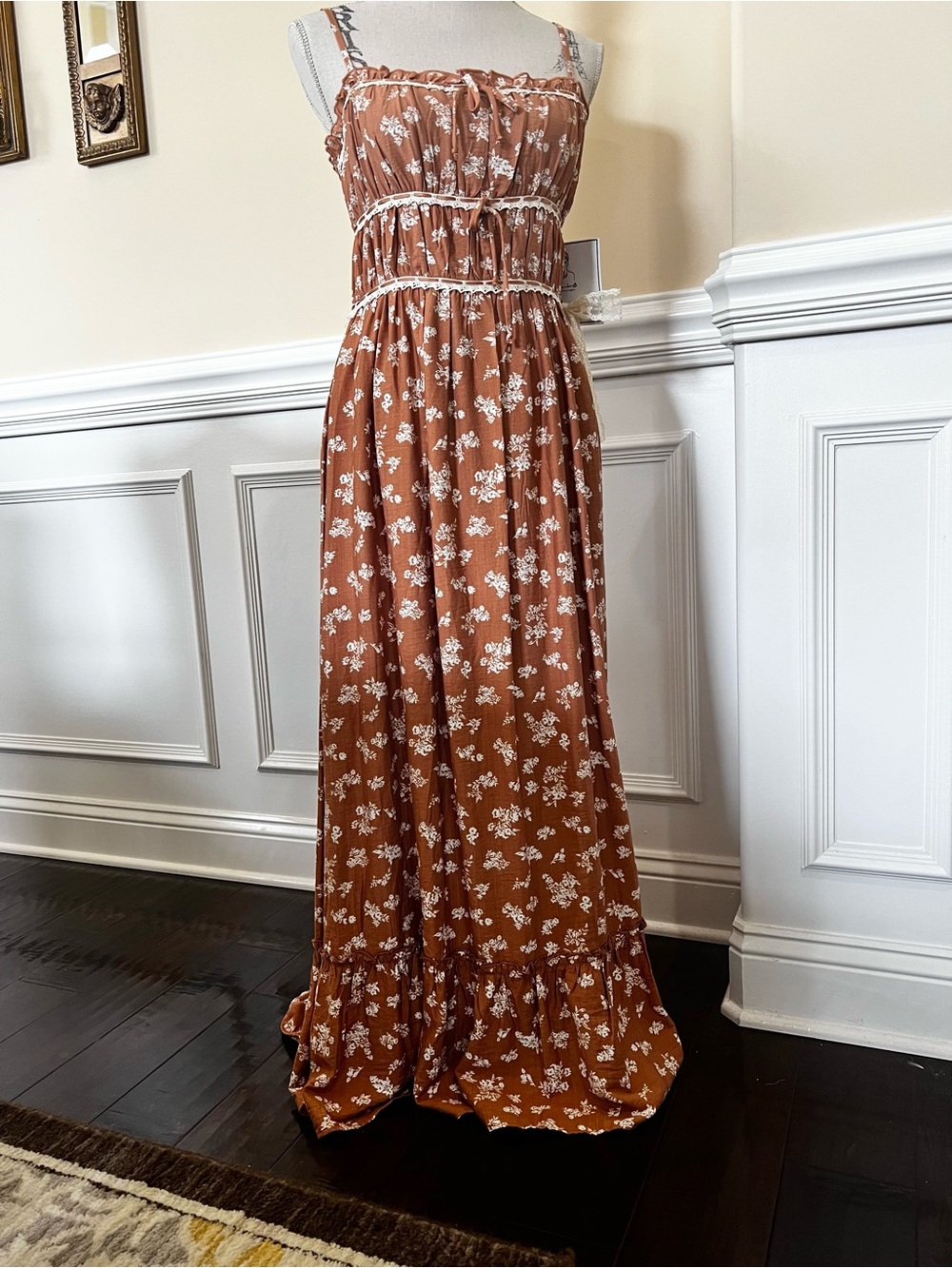 Rust Orange/Brown/Beige Floral, Spaghetti straps Maxi Dress, with Lace Hair-bow.
